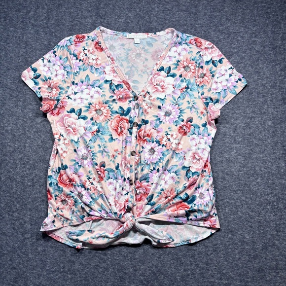 Juniper + Lime Tops - Floral Knot-Front V-Neck Blouse